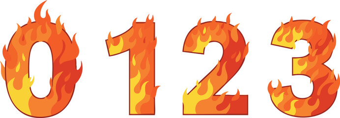 Fiery burning numbers zero one two three vector illustration with orange flames 