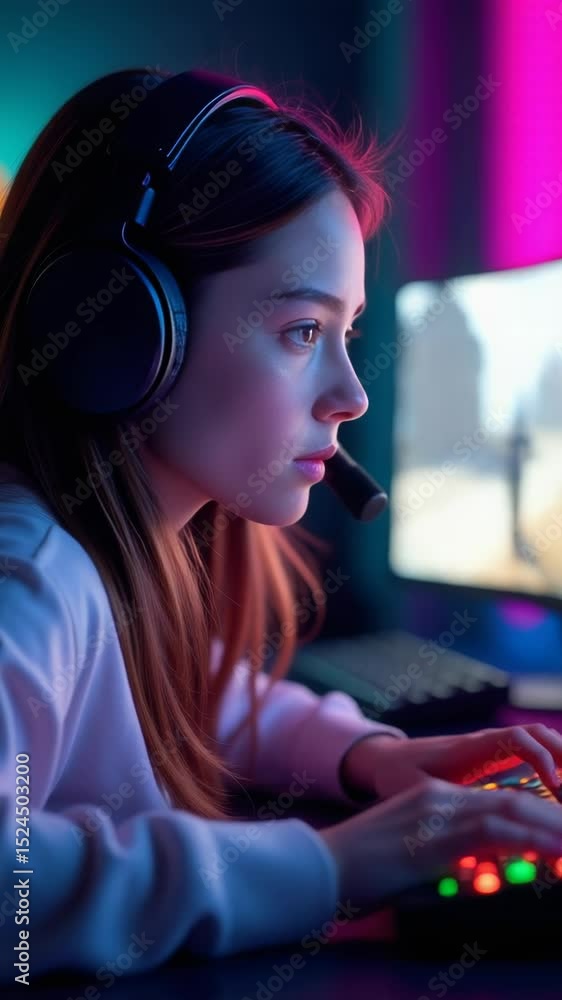 Poster a person focused on a computer task with headphones on, possibly in an office or home setting
