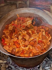 Traditional rustic Brazilian food known as dobradinha  prepared with beef tripe, white beans and classic seasonings in a rustic setting