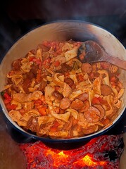 Traditional rustic Brazilian food known as dobradinha  prepared with beef tripe, white beans and...