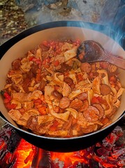 Traditional rustic Brazilian food known as dobradinha  prepared with beef tripe, white beans and classic seasonings in a rustic setting