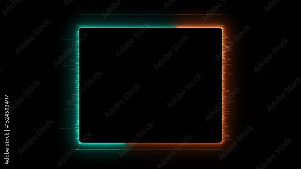 Poster futuristic analog noise and flickering cyan and orange glitch effect round square frame for tech vis