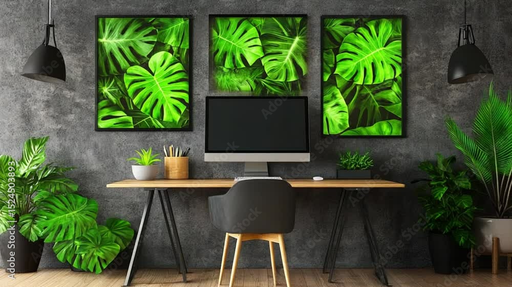 Poster stylish home office setup with monstera leaf artwork and modern computer display