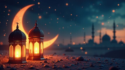 Obraz premium Happy Muharram Islamic New Year Celebration Banner with Lanterns and Crescent Moon, suitable for religious greetings and social media 