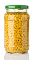 Plump Corn Kernels in Glass Jar with Green Lid on White Background, 8K