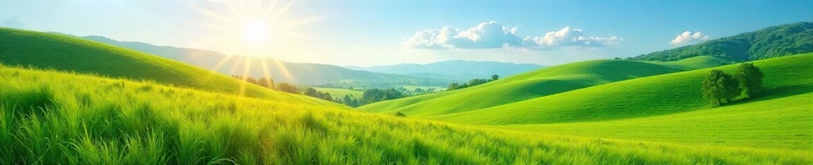 Fototapeta premium Serene landscape featuring a lush green meadow bathed in soft sunlight, with rolling hills and a clear blue sky in the distance Perfect for nature, travel, and environmental themes , habitat, flora