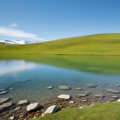 Fototapeta premium Clear Alpine Lake with Green Hills and Snowy Mountains