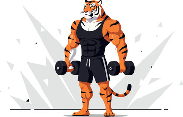 Obraz premium Muscular anthropomorphic tiger lifting dumbbells fitness training vector illustration 