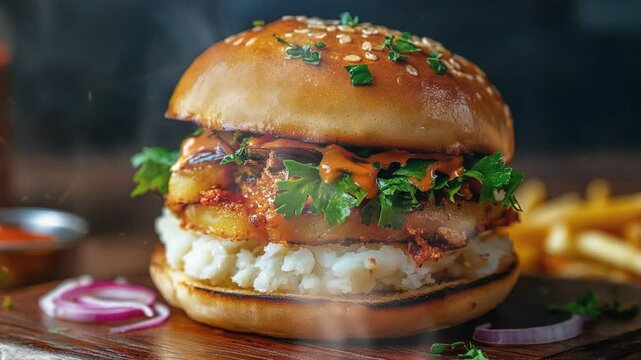 Dabeli spicy mashed potato burger with smoke