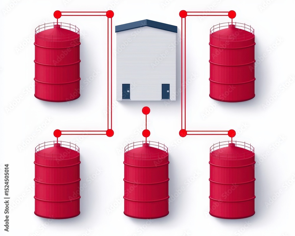 Aufkleber a central building is connected to five large red storage silos through a network of overhead pipes.