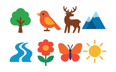 Obraz premium Flat vector icons of nature and wildlife: tree, bird, deer, mountain, river, flower, butterfly, sun.