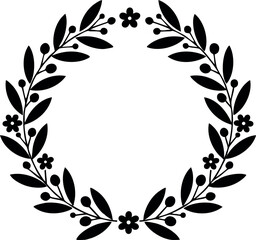 Laurel wreath circular frame with leaves and flowers black silhouette vector illustration 