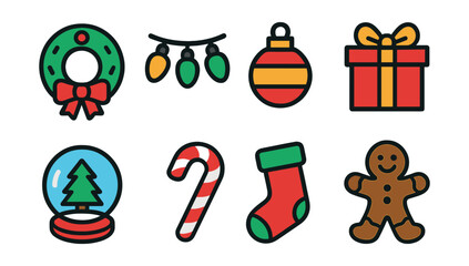 Fototapeta premium Flat vector icons of holiday decorations: wreath, string lights, ornament, gift box, snow globe, candy cane, stocking, gingerbread man.