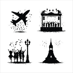 Fototapeta premium Black and white vector illustration of travel celebration and music event silhouette designs