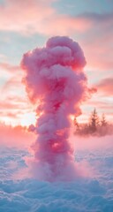 Pink cloud erupts above winter wonderland