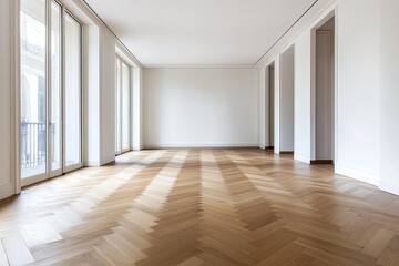 Bright, empty room with herringbone hardwood floors and large windows