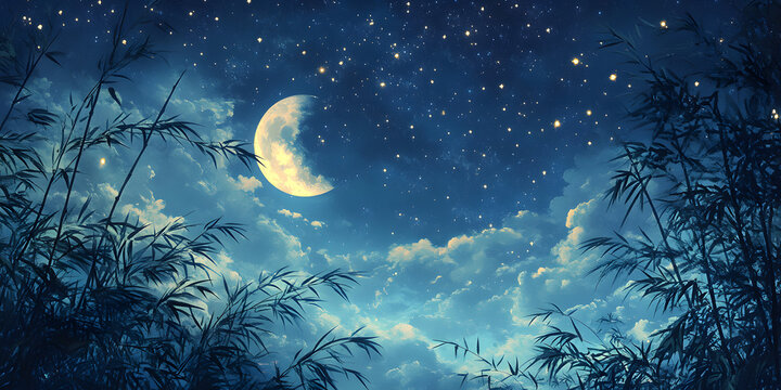 七夕の夜の星空と笹飾り