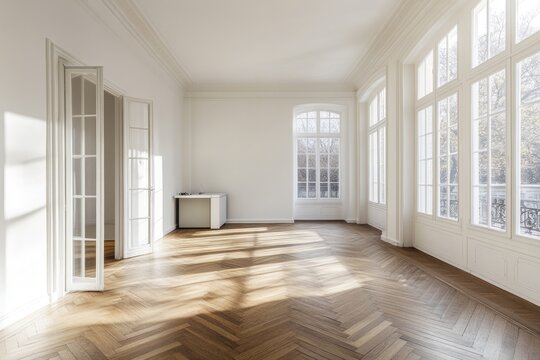 Sunlit empty room with hardwood floors, large windows, and white walls