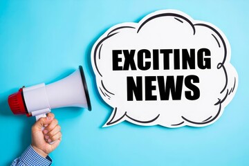 Hand holding megaphone and speech bubble with text EXCITING NEWS.