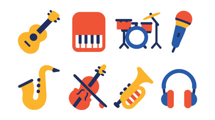 Flat vector icons of music instruments: guitar, piano, drums, microphone, saxophone, violin, trumpet, headphones.