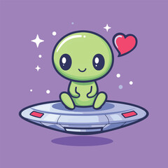 Alien's Cosmic Love: A cute cartoon alien beams with affection, seated upon its saucer against a backdrop of starry cosmic wonders, expressing warmth and love.
