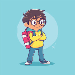 Young Scholar's Ready Stance: An intellectual child, equipped with glasses and a backpack, stands confidently, embodying preparedness and the spirit of education.