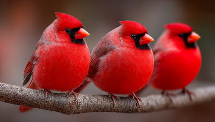 Bright red cardinals perched on a branch. Three vibrant red cardinals sit closely together on a tree branch during a calm morning.