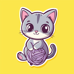 Playful Kitty: A charming cartoon cat, featuring adorable big eyes, cuddles a ball of yarn against a vibrant yellow backdrop.