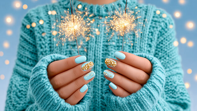 Sparklers and chic nails. A person holds sparkler sticks while showcasing beautifully manicured nails with decorative designs.