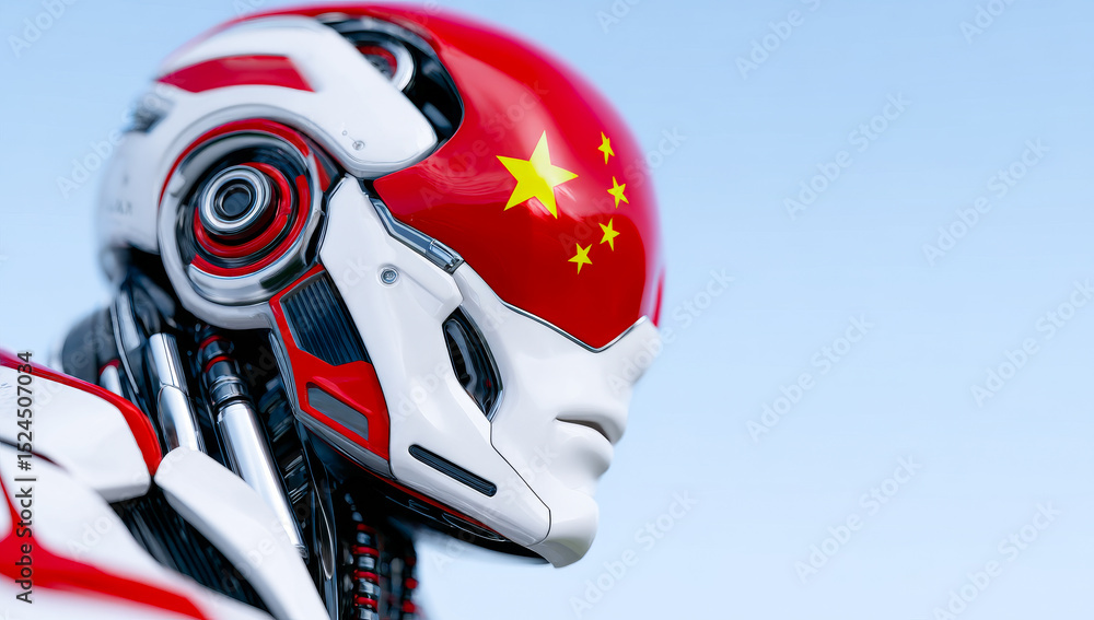 Poster robot head design with chinese emblem. a futuristic robot head features a sleek design adorned with 