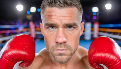 Boxer training for match. A focused boxer with red gloves and a fresh cut prepares mentally for an upcoming match in a training facility.