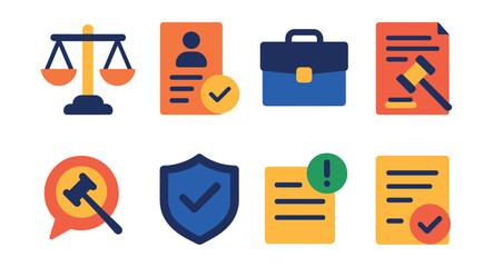 Flat vector icons of business law: legal scale, business contract, attorney briefcase, court document, legal advice, compliance shield, regulation icon, policy form.