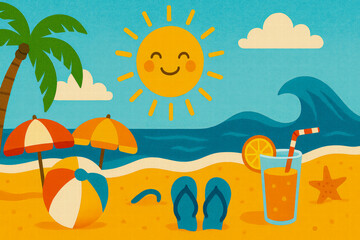 Cartoon beach scene with smiling sun, umbrellas, juice and summer accessories