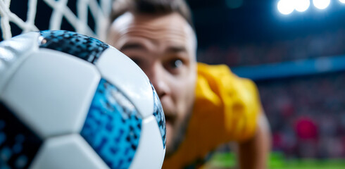 Goalkeeper preparing for soccer save. Goalkeeper focuses on the soccer ball poised to make a save during an intense match at the stadium.