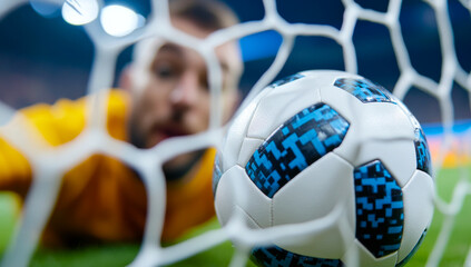 Goalkeeper reaches for ball during match. A goalkeeper dives to save a soccer ball during an intense competitive match under stadium lights.