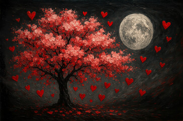 Romantic cherry blossom tree with red hearts under the full moon