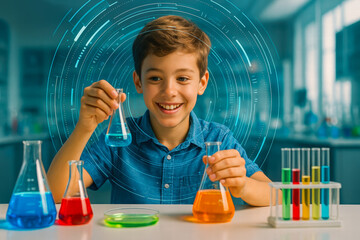 Smiling boy experimenting with colorful liquids in futuristic science lab