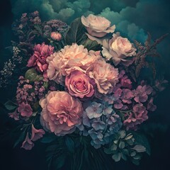 A lush bouquet of pastel flowers,  in a dramatic moody setting