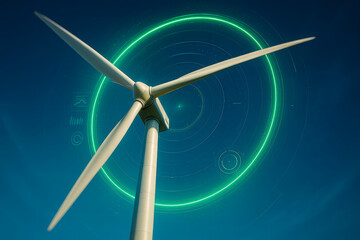 Wind turbine with digital interface overlay symbolizing smart renewable energy technology
