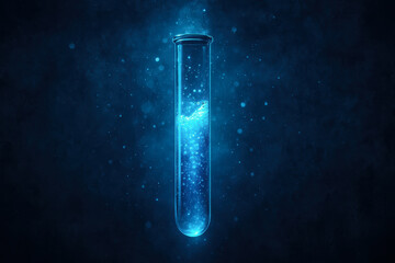 Test tube with glowing blue liquid in dark futuristic background