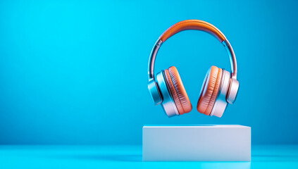 Top headphones above a white box. Vibrant modern headphones float above a sleek white box on a bright blue background, highlighting design and innovation.