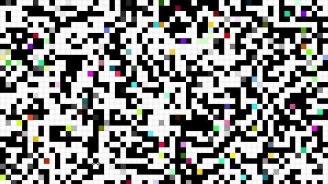 Abstract large pixel retro 16bit noise static, square black and white animated retro video game pixelated background with mild colorful pixels added, seamless looped vj pattern overlay texture 