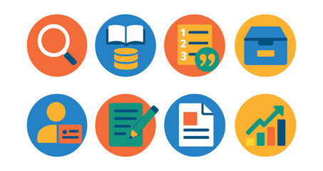 Flat vector icons of digital research tools in circular style: search icon, scholarly database, citation tool, archive icon, academic profile, note extractor, research paper, publication metrics.
