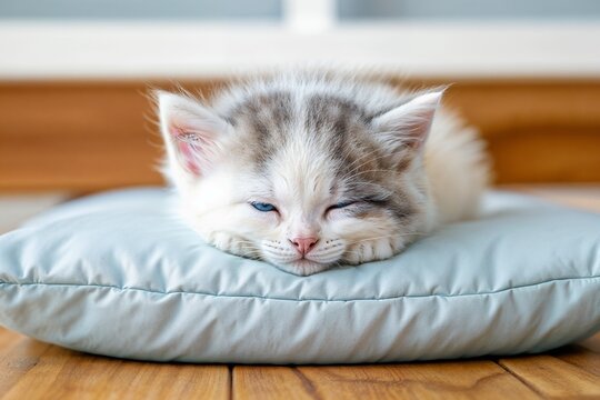 Sleeping kitten resting on soft blue pillow in a cozy environment  