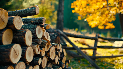 Logs by a fence in autumn. Wood logs rest by a rustic fence, surrounded by vibrant autumn leaves and soft, filtering sunlight.