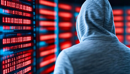 Expert reviews data breach. A person in a hooded sweatshirt examines bright red and blue server lights, focusing on cybersecurity measures at night.