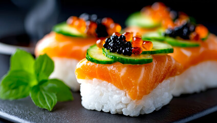 Delicious sushi with salmon and caviar. Colorful sushi showcasing slices of salmon, caviar, and cucumber on rice, served beautifully on a dark plate.
