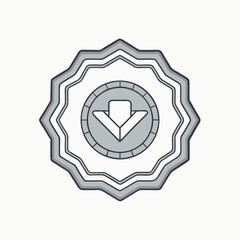 Minimalist badge icon with download symbol in grayscale design  