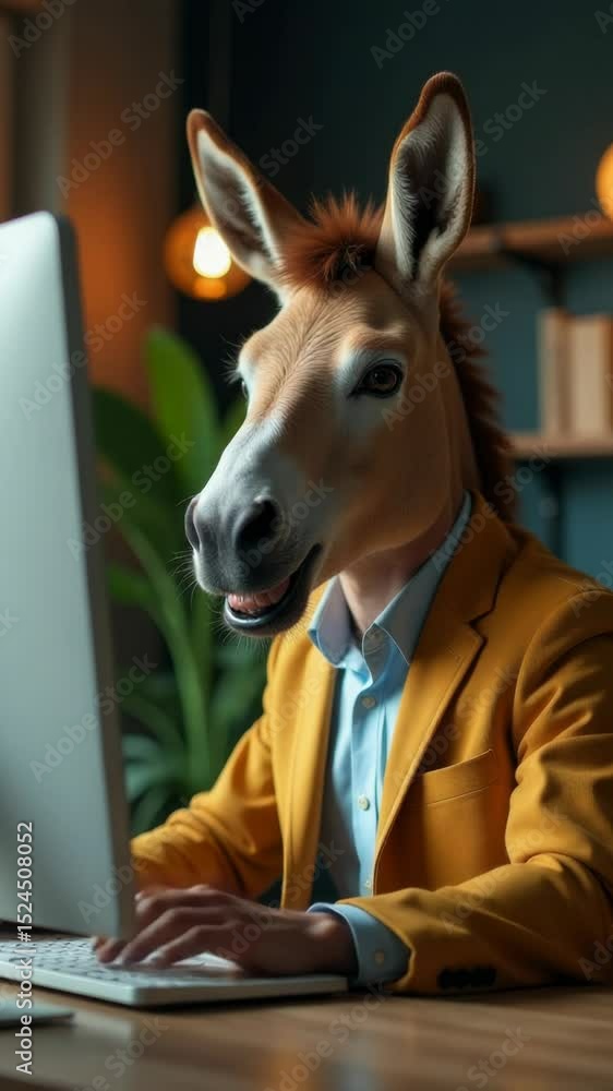 Aufkleber a person dressed as a horse wearing a mask works on a computer with a focused expression