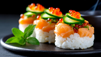 Fresh salmon sushi rolls. Delicious sushi rolls featuring salmon, cucumber, and roe garnished with herbs on a dark plate.